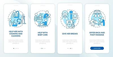 Supporting pregnant partner onboarding mobile app page screen. Help with cooking walkthrough 4 steps graphic instructions with concepts. UI, UX, GUI vector template with linear color illustrations