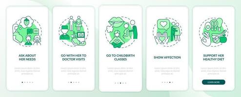 Pregnancy support onboarding mobile app page screen. Go to doctor visits walkthrough 5 steps graphic instructions with concepts. UI, UX, GUI vector template with linear color illustrations
