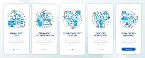 Expecting baby onboarding mobile app page screen. Finding community of moms walkthrough 5 steps graphic instructions with concepts. UI, UX, GUI vector template with linear color illustrations