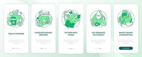 Nutrition during pregnancy onboarding mobile app page screen. Iron rich foods walkthrough 5 steps graphic instructions with concepts. UI, UX, GUI vector template with linear color illustrations