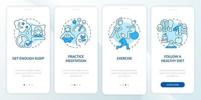 Mental wellbeing during pregnancy onboarding mobile app page screen. Meditation walkthrough 4 steps graphic instructions with concepts. UI, UX, GUI vector template with linear color illustrations