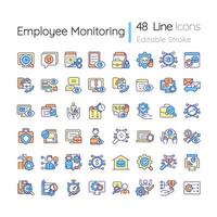 Employee monitoring RGB color icons set. Worker performance. Tracking productivity at work. Time management. Isolated vector illustrations. Simple filled line drawings collection. Editable stroke