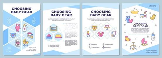 Choosing baby gear brochure template. Select safe products. Flyer, booklet, leaflet print, cover design with linear icons. Vector layouts for presentation, annual reports, advertisement pages