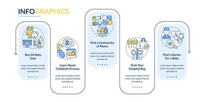 esperando plantilla de infografía de vector de bebé. encuentre elementos de diseño de esquema de presentación de la comunidad de mamás. visualización de datos con 5 pasos. gráfico de información de la línea de tiempo del proceso. diseño de flujo de trabajo con iconos de línea