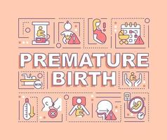 Premature birth word concepts banner. Preterm birth complications. Infographics with linear icons on orange background. Isolated creative typography. Vector outline color illustration with text