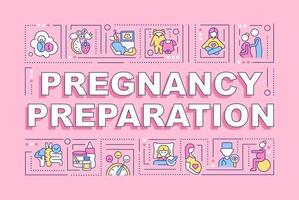 Pregnancy preparation word concepts banner. Baby care classes. Infographics with linear icons on pink background. Isolated creative typography. Vector outline color illustration with text