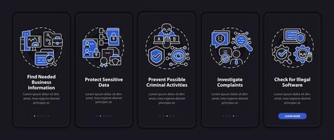 Surveillance legal uses dark onboarding mobile app page screen. Work control walkthrough 5 steps graphic instructions with concepts. UI, UX, GUI vector template with night mode illustrations