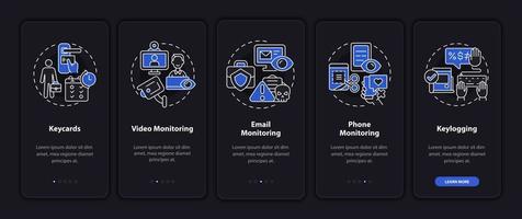 Types of employee monitoring dark onboarding mobile app page screen. Work walkthrough 5 steps graphic instructions with concepts. UI, UX, GUI vector template with night mode illustrations