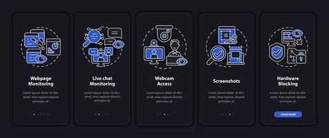 el software de monitoreo de empleados presenta una pantalla de página de aplicación móvil de incorporación oscura. tutorial de trabajo instrucciones gráficas de 5 pasos con conceptos. ui, ux, plantilla vectorial gui con ilustraciones en modo nocturno vector