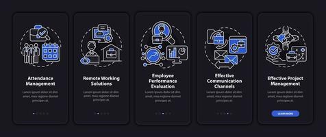 Employee monitoring advantages dark onboarding mobile app page screen. Work tracking walkthrough 5 steps graphic instructions with concepts. UI, UX, GUI vector template with night mode illustrations