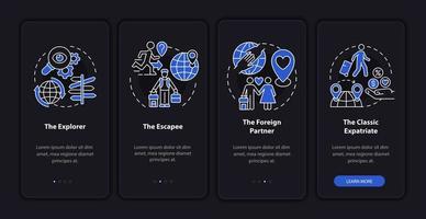 Expats types dark onboarding mobile app page screen. Moving abroad reasons walkthrough 4 steps graphic instructions with concepts. UI, UX, GUI vector template with linear night mode illustrations