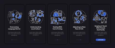 Expats struggles dark onboarding mobile app page screen. Overcoming issues walkthrough 5 steps graphic instructions with concepts. UI, UX, GUI vector template with linear night mode illustrations