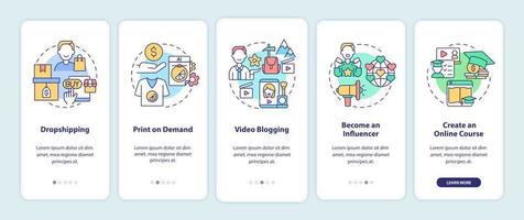 Ways to make money online onboarding mobile app page screen. Print on demand walkthrough 5 steps graphic instructions with concepts. UI, UX, GUI vector template with linear color illustrations
