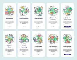 Making money online onboarding mobile app page screen set. Dropshipping and blogging walkthrough 5 steps graphic instructions with concepts. UI, UX, GUI vector template with linear color illustrations