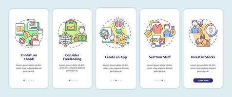 Methods to make money online onboarding mobile app page screen. Publish ebook walkthrough 5 steps graphic instructions with concepts. UI, UX, GUI vector template with linear color illustrations