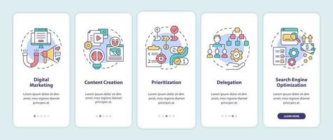 Online entrepreneur skills onboarding mobile app page screen. Digital marketing walkthrough 5 steps graphic instructions with concepts. UI, UX, GUI vector template with linear color illustrations