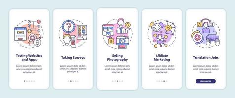 How to make money online onboarding mobile app page screen. Test websites and apps walkthrough 5 steps graphic instructions with concepts. UI, UX, GUI vector template with linear color illustrations