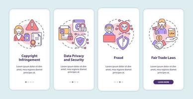 el emprendimiento en línea corre el riesgo de incorporar la pantalla de la página de la aplicación móvil. tutorial de privacidad de datos instrucciones gráficas de 4 pasos con conceptos. ui, ux, plantilla vectorial gui con ilustraciones en color lineal vector