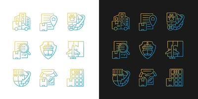 International logistics gradient icons set for dark and light mode. Global transportation. Thin line contour symbols bundle. Isolated vector outline illustrations collection on black and white