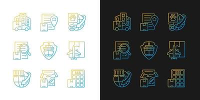 International logistics gradient icons set for dark and light mode. Global transportation. Thin line contour symbols bundle. Isolated vector outline illustrations collection on black and white