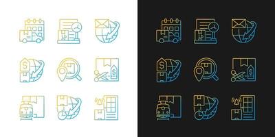 Worldwide shipping gradient icons set for dark and light mode. Guaranteed on-time delivery. Thin line contour symbols bundle. Isolated vector outline illustrations collection on black and white