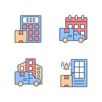 International delivery business company RGB color icons set. Parcels shipment cost calculation. Shipping goods services. Isolated vector illustrations. Simple filled line drawings collection