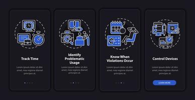 Benefits of employee monitoring dark onboarding mobile app page screen. Work tracking walkthrough 4 steps graphic instructions with concepts. UI, UX, GUI vector template with night mode illustrations