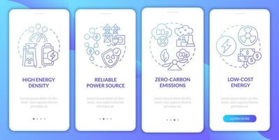 Nuclear energy benefits onboarding mobile app page screen. Zero carbon emissions walkthrough 4 steps graphic instructions with concepts. UI, UX, GUI vector template with linear color illustrations