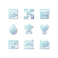 Commercial fishery gradient linear vector icons set. Seafood restaurant and market. Processing factory. Fish industry. Thin line contour symbols bundle. Isolated outline illustrations collection