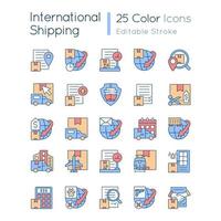 conjunto de iconos de color rgb de negocios de envío internacional. entrega mundial de cargas, paquetes y correo. ilustraciones vectoriales aisladas. colección de dibujos de líneas llenas simples. trazo editable