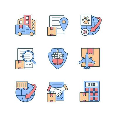 International logistics business RGB color icons set. Global transportation service. Professional cargoes delivering. Isolated vector illustrations. Simple filled line drawings collection