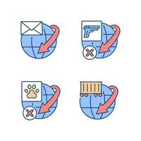 International shipment service rules RGB color icons set. Global mail and container freights delivery. Shipping restrictions. Isolated vector illustrations. Simple filled line drawings collection