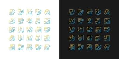 International shipping gradient icons set for dark and light mode. Worldwide cargo delivering. Thin line contour symbols bundle. Isolated vector outline illustrations collection on black and white