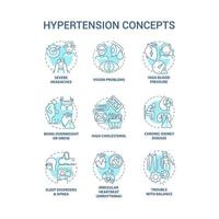 Hypertension concept icons set. High blood pressure condition idea thin line color illustrations. Severe headaches. Vision problems. High cholesterol. Vector isolated outline drawings. Editable stroke