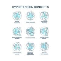 conjunto de iconos de concepto de hipertensión. ilustración de color de línea delgada de idea de condición de presión arterial alta. dolores de cabeza severos. problemas de la vista. colesterol alto. dibujos de contorno aislados vectoriales. trazo editable vector