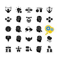 Critical thinking black glyph icons set on white space. Intellectual and logical skills. Evaluation and observation. Communication skills. Silhouette symbols. Vector isolated illustration