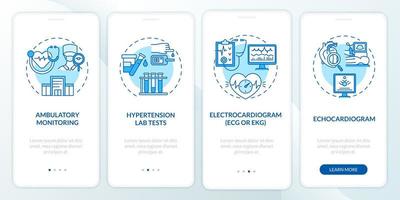 High blood pressure test onboarding mobile app page screen. Echo, electrocardiogram walkthrough 4 steps graphic instructions with concepts. UI, UX, GUI vector template with linear color illustrations