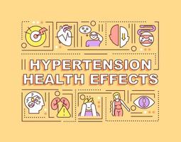 Bandera de conceptos de palabras de efectos de salud de hipertensión. complicaciones de salud. infografías con iconos lineales sobre fondo naranja. tipografía creativa aislada. ilustración de color de contorno vectorial con texto vector