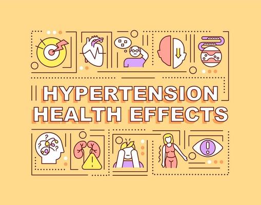 Hypertension health effects word concepts banner. Health complications. Infographics with linear icons on orange background. Isolated creative typography. Vector outline color illustration with text