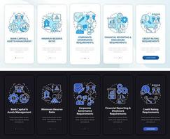 pantalla de la página de la aplicación móvil de incorporación de supervisión bancaria. tutorial de gestión de activos instrucciones gráficas de 5 pasos con conceptos. ui, ux, plantilla vectorial gui con ilustraciones lineales en modo día y noche vector