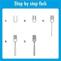 Step by step drawing fork. vector