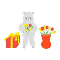 Cute cartoon sheep with colorful flowers and gift vector