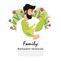 Flat Illustration - a Family Moment, a Father with his Two Children Joking on a Green Background, this Image Can Be Used for Poster Prints, Flyers, Posts, Ramadan, and Family Theme Designs. vector