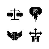 Argumentation skills black glyph icons set on white space. Forming judgement. Use solid and strong arguments. Develop foresight. Critical thinking. Silhouette symbols. Vector isolated illustration