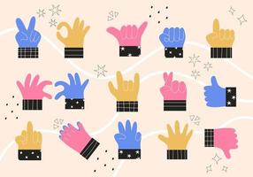 Set of colorful abstract hands in different gestures emotions and signs. Modern isolated vector illustration in trendy colors. Interactive communication, forefinger sign. Open arm, ok, victory emojis