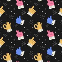 Seamless pattern of colorful abstract hands in different gestures emotions and signs. Modern vector illustration in trendy colors. Interactive communication, forefinger sign