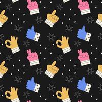 Seamless pattern of colorful abstract hands in different gestures emotions and signs. Modern vector illustration in trendy colors. Interactive communication, forefinger sign