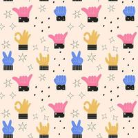Seamless pattern of colorful abstract hands in different gestures emotions and signs. Modern vector illustration in trendy colors. Interactive communication, forefinger sign