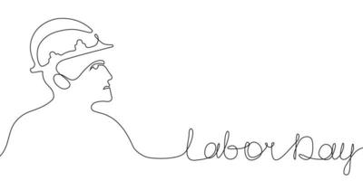 Happy Labor Day banner with builder in trendy one continuous line art style. Vector linear abstract illustration