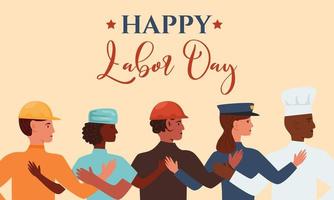 Happy Labor Day vector flat banner. Illustration with people group of different occupation. Firefighter, builder, doctor, policeman and cook chef professions